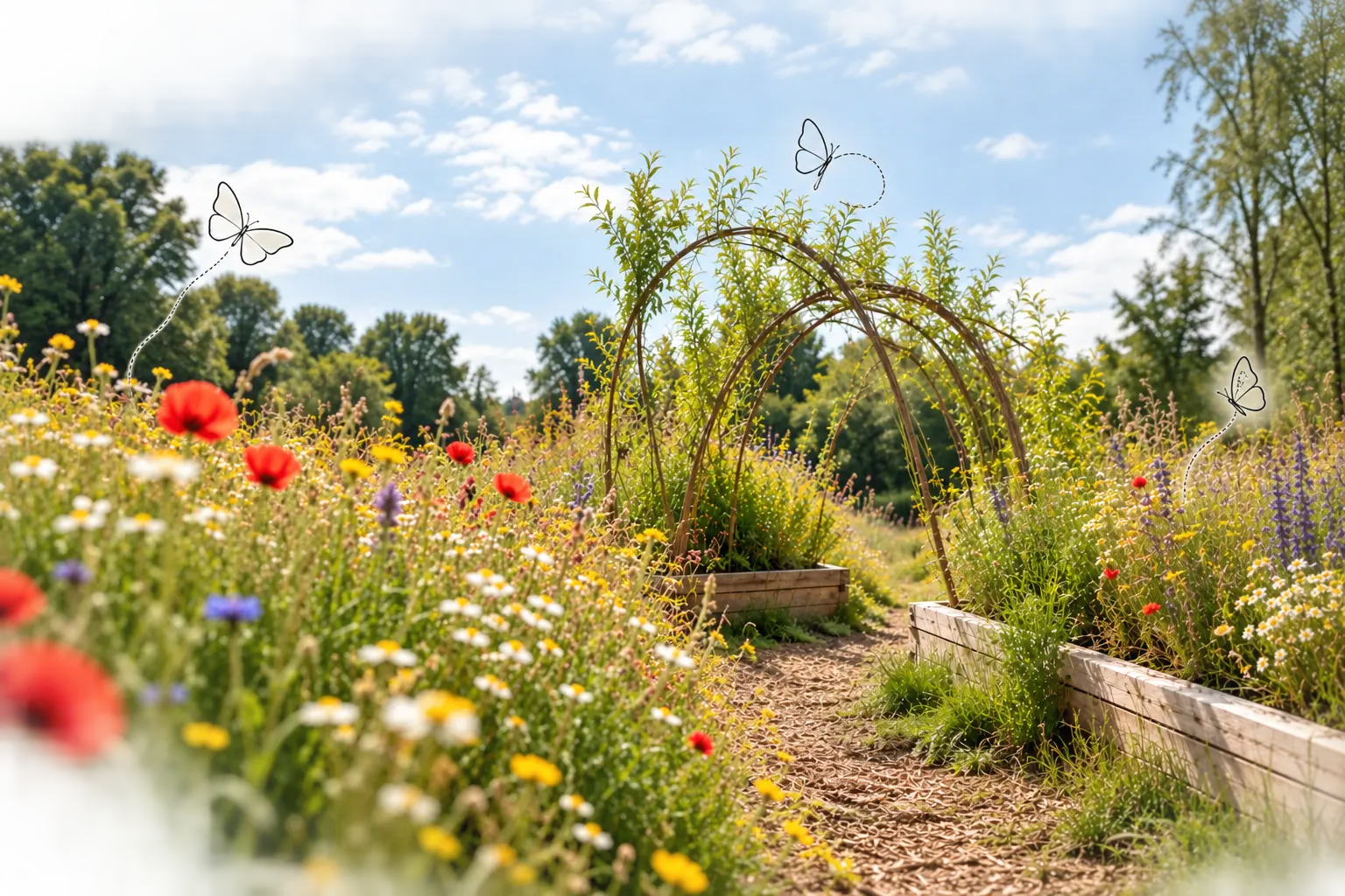 A wildflower meadow and winding path in a school landscape, with three delicate butterfly drawings in the sky and flowers